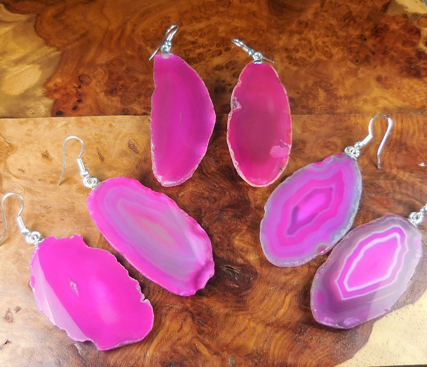 Pink Agate Slice Earrings Silver Hooks