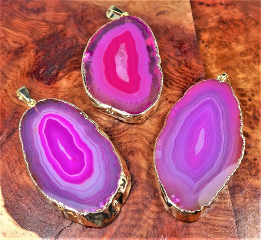 Pink Agate Slice Pendant (Gold Plated Edges) Geode Crystal Slice Jewelry