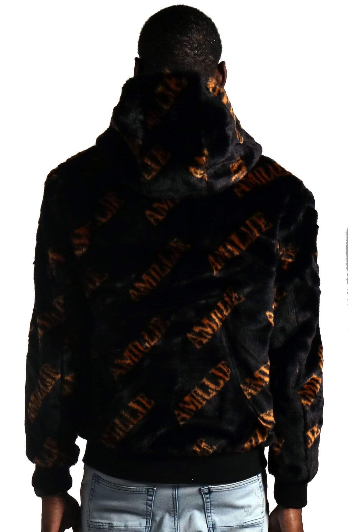 Jeff Black Reversible Faux Fur Bomber Jacket with Amillion typo pattern