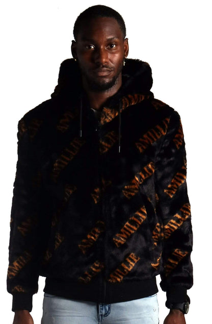 Jeff Black Reversible Faux Fur Bomber Jacket with Amillion typo pattern