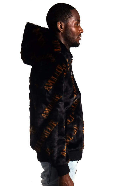 Jeff Black Reversible Faux Fur Bomber Jacket with Amillion typo pattern