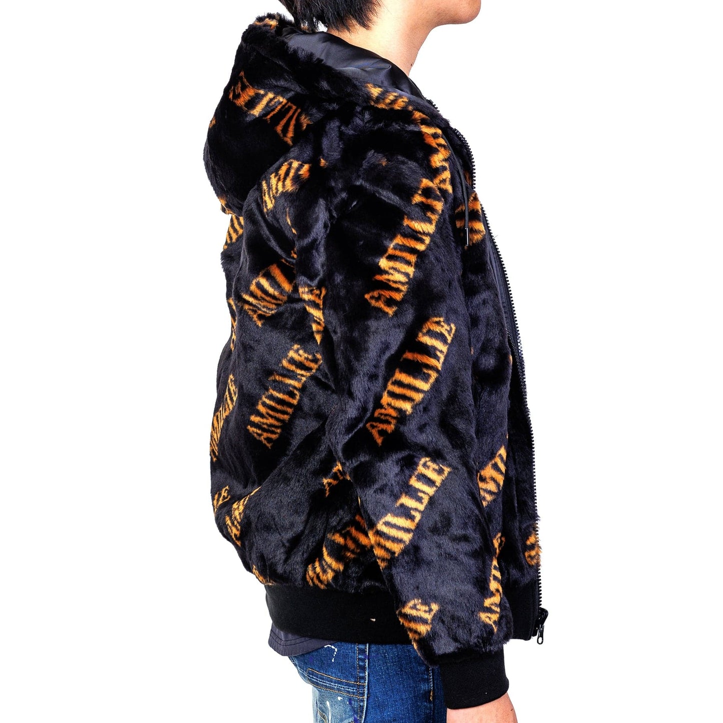 Jeff Black Reversible Faux Fur Bomber Jacket with Amillion typo pattern