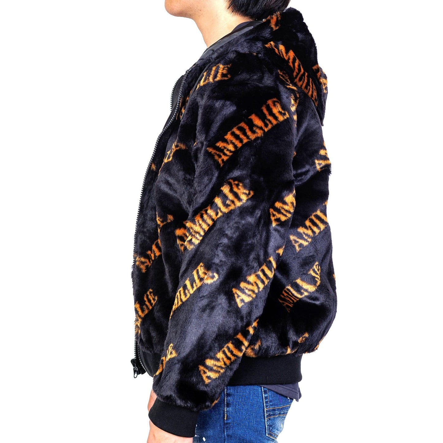 Jeff Black Reversible Faux Fur Bomber Jacket with Amillion typo pattern