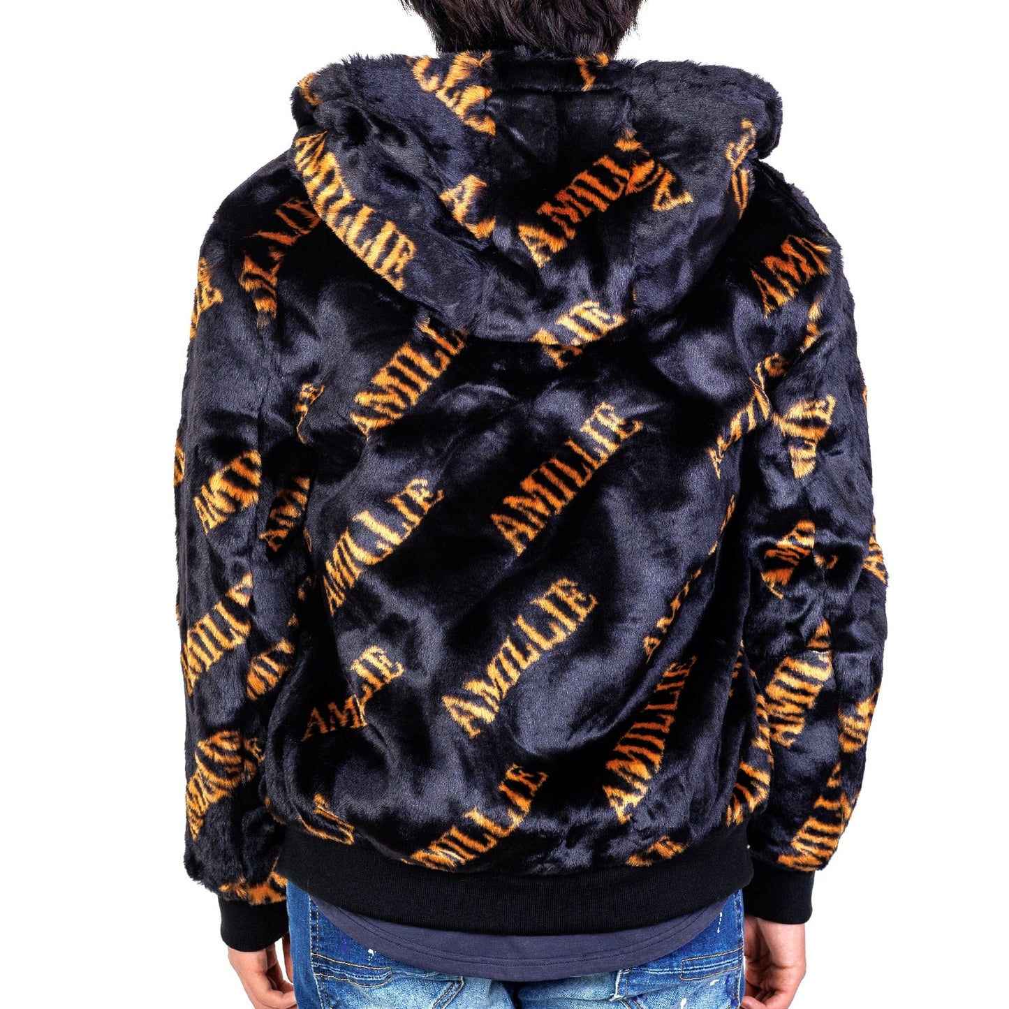 Jeff Black Reversible Faux Fur Bomber Jacket with Amillion typo pattern