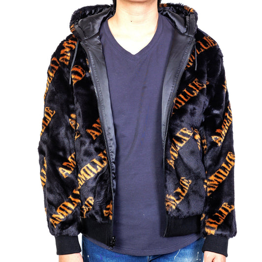 Jeff Black Reversible Faux Fur Bomber Jacket with Amillion typo pattern