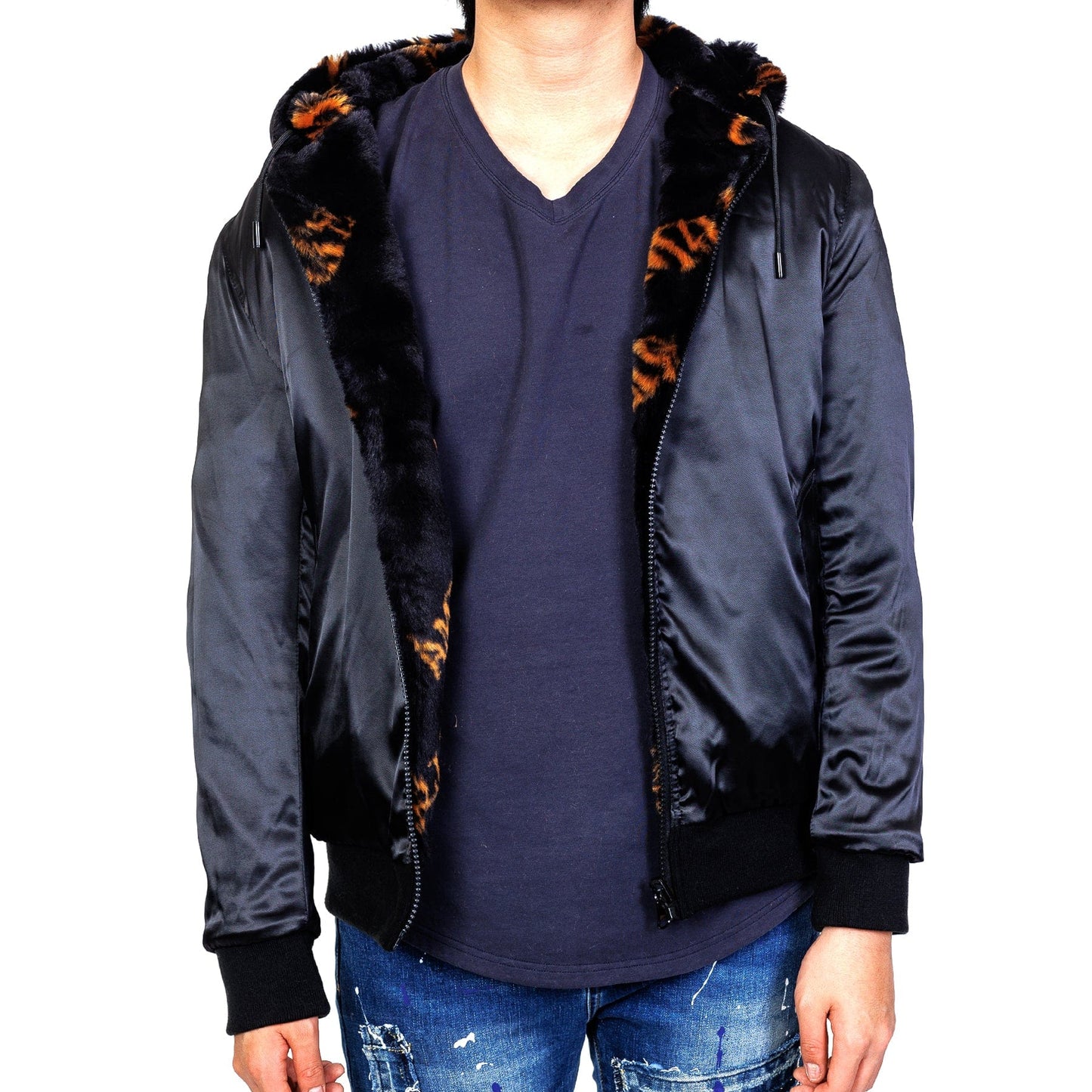 Jeff Black Reversible Faux Fur Bomber Jacket with Amillion typo pattern