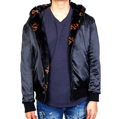 Jeff Black Reversible Faux Fur Bomber Jacket with Amillion typo pattern