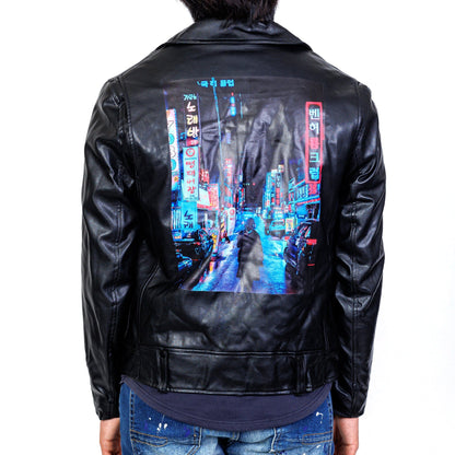 Joe Graphic Printed on back Black Faux leather Biker Jacket