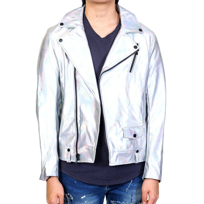 Hologram Graphic printed on back Metallic Faux leather Biker Jacket