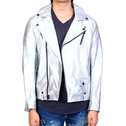 Hologram Graphic printed on back Metallic Faux leather Biker Jacket