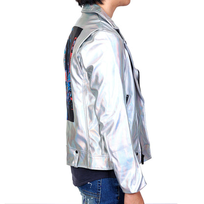 Hologram Graphic printed on back Metallic Faux leather Biker Jacket