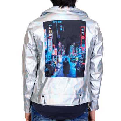 Hologram Graphic printed on back Metallic Faux leather Biker Jacket