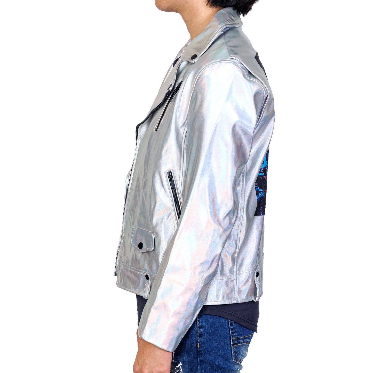 Hologram Graphic printed on back Metallic Faux leather Biker Jacket