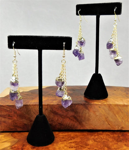 Amethyst Crystal Earrings Pair (Gold Plated) Purple Gemstone Jewelry