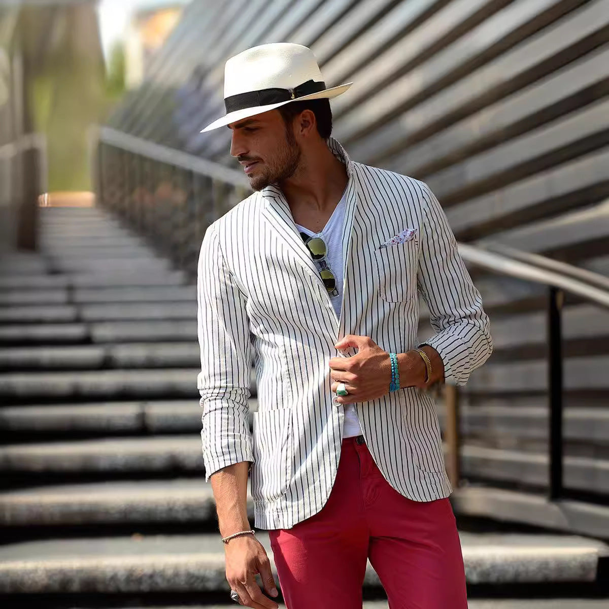 Men's Cotton And Linen Loose Striped Thin Casual Suit Jacket