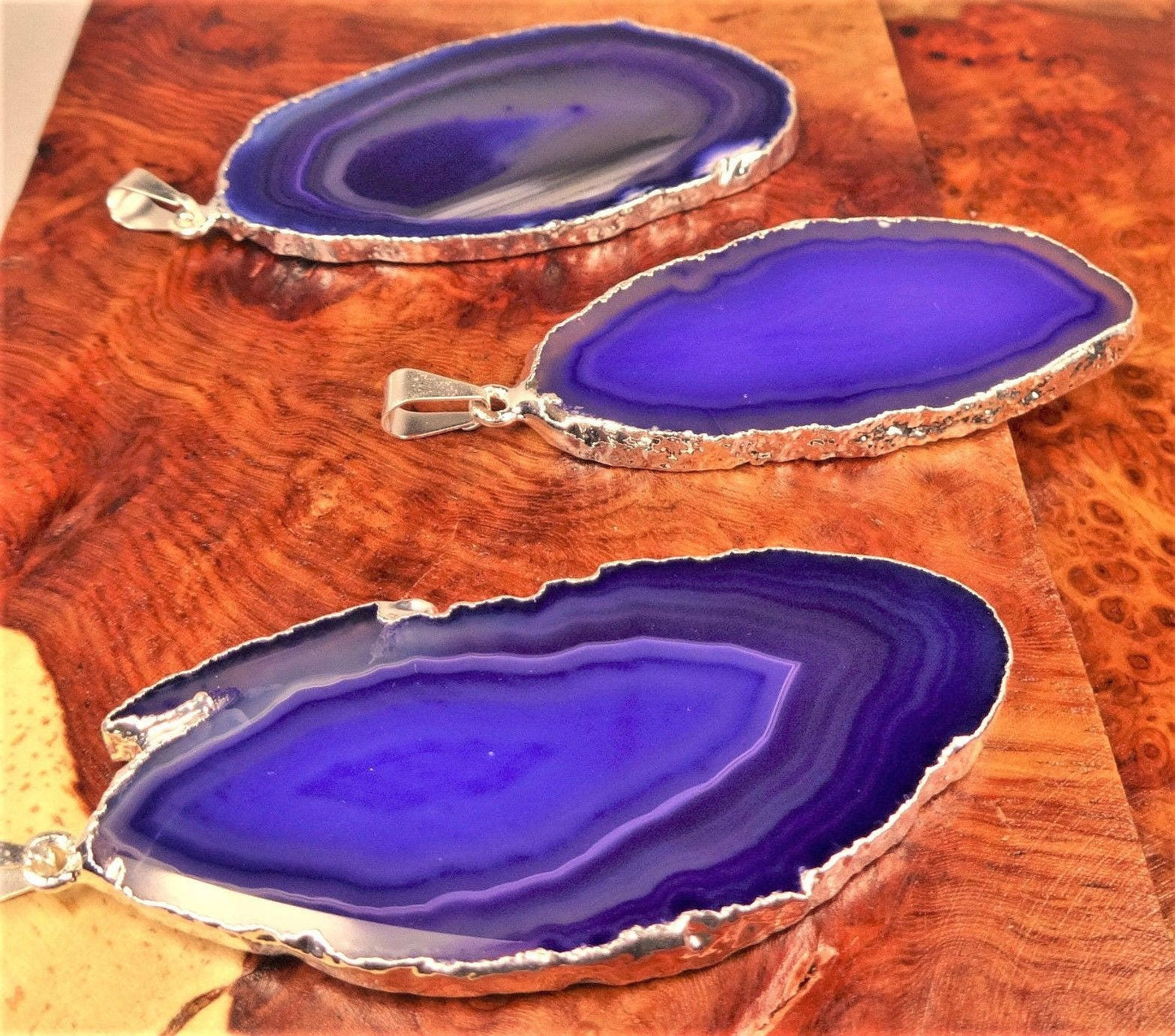 Purple Agate Slice Pendant (Silver Plated Edges) Polished Geode Slice Jewelry