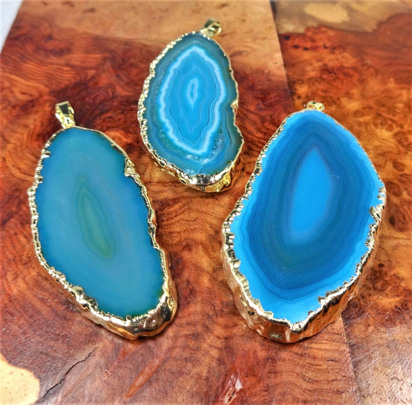 Agate Slice Pendant (Teal, w/ Gold Edges) Crystal Necklace Jewelry Supply