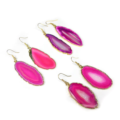 Pink Agate Slice Earrings - Polished Crystal Slab Earring Pair - Gold Hooks Jewelry