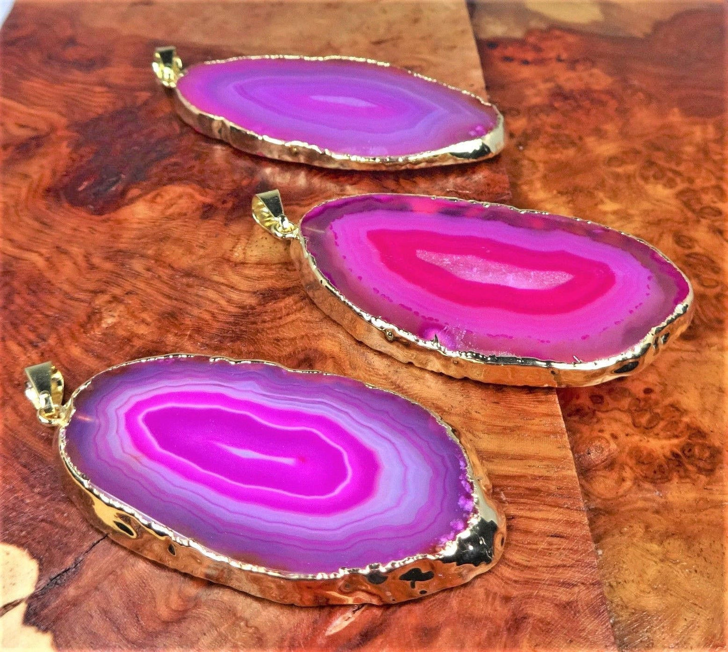 Pink Agate Slice Pendant (Gold Plated Edges) Geode Crystal Slice Jewelry