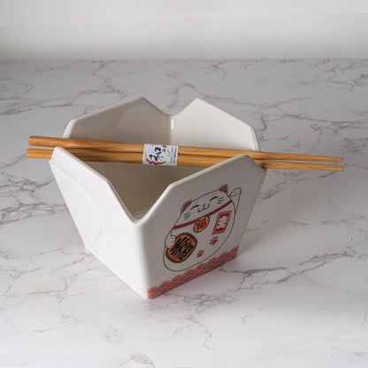 Lucky Cat Takeout Box Serving Bowl with Chopsticks