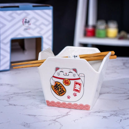 Lucky Cat Takeout Box Serving Bowl with Chopsticks