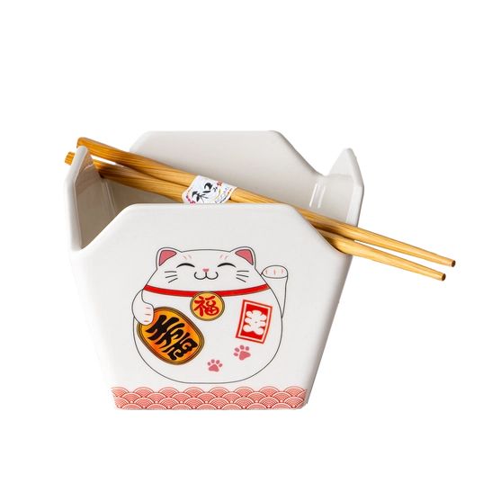 Lucky Cat Takeout Box Serving Bowl with Chopsticks