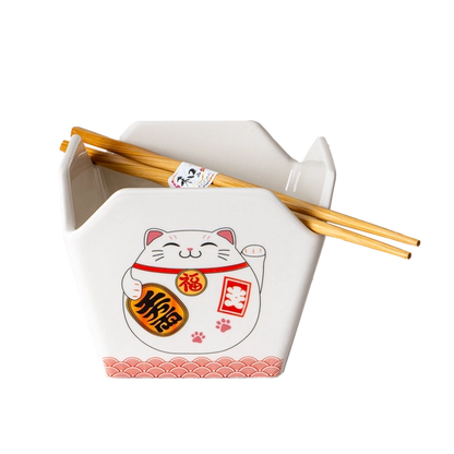 Lucky Cat Takeout Box Serving Bowl with Chopsticks