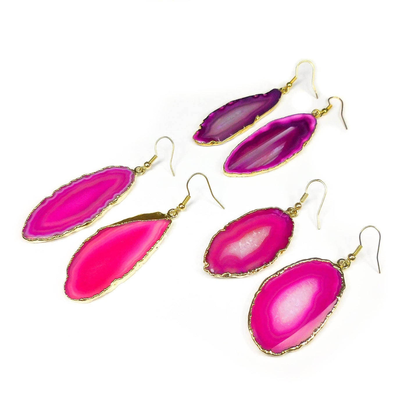 Pink Agate Slice Earrings - Polished Crystal Slab Earring Pair - Gold Hooks Jewelry