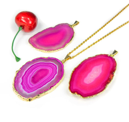 Pink Agate Slice Pendant (Gold Plated Edges) Geode Crystal Slice Jewelry