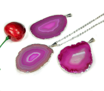 Pink Agate Slice Pendant (Silver Plated Edges) Polished Geode Slice Jewelry