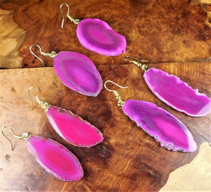 Pink Agate Slice Earrings Pair (Gold Stainless Steel Hooks) Geode Slice Jewelry