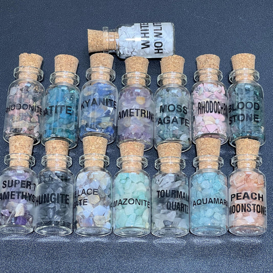 Crystal Gemstone Chips Labeled Bottle Collection (Set Of 15) Assorted Box Flat Gift Set Tumbled Mix