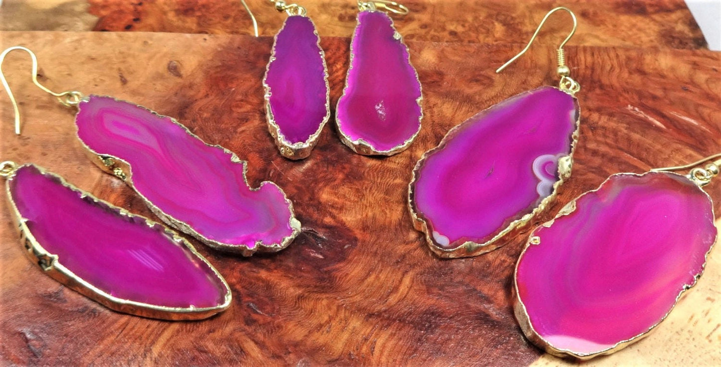 Pink Agate Slice Earrings - Polished Crystal Slab Earring Pair - Gold Hooks Jewelry