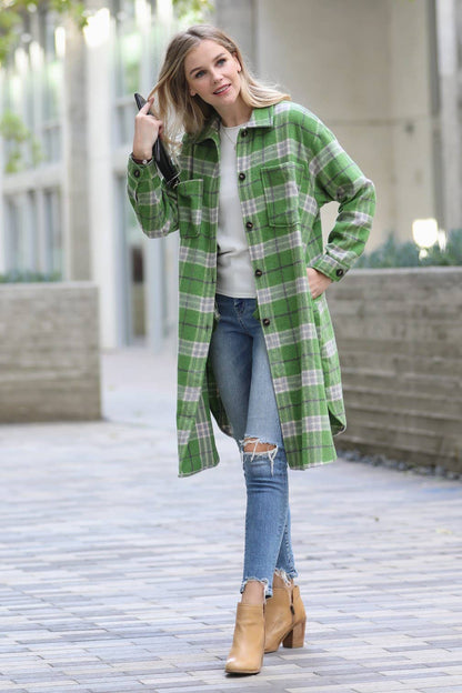 Wool Blended PLAID JACQUARD LONG SHIRT JACKET Shacket