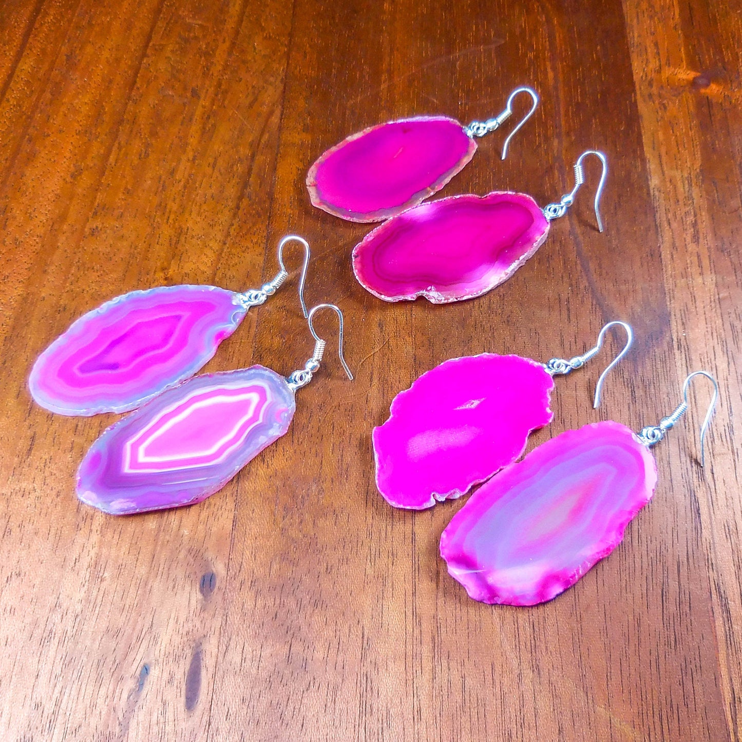 Pink Agate Slice Earrings Silver Hooks