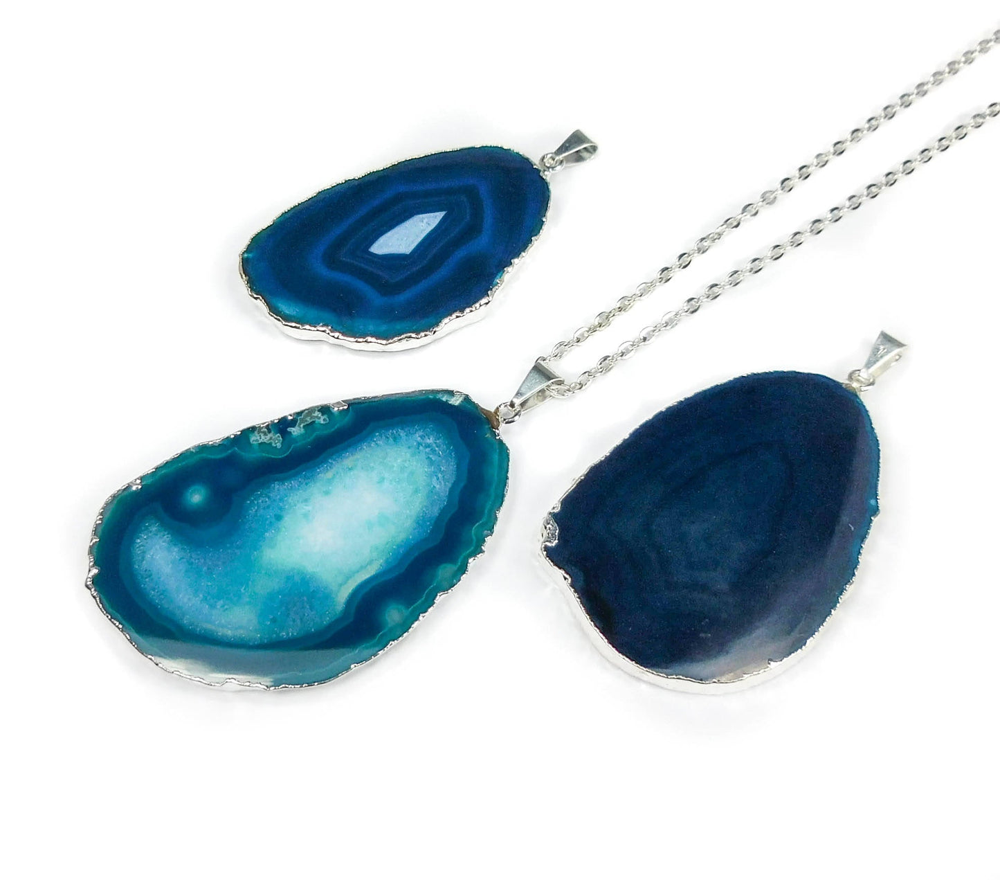 Agate Slice Pendant ( Teal / Silver Plated ) Necklace Jewelry Healing Crystals And Stones