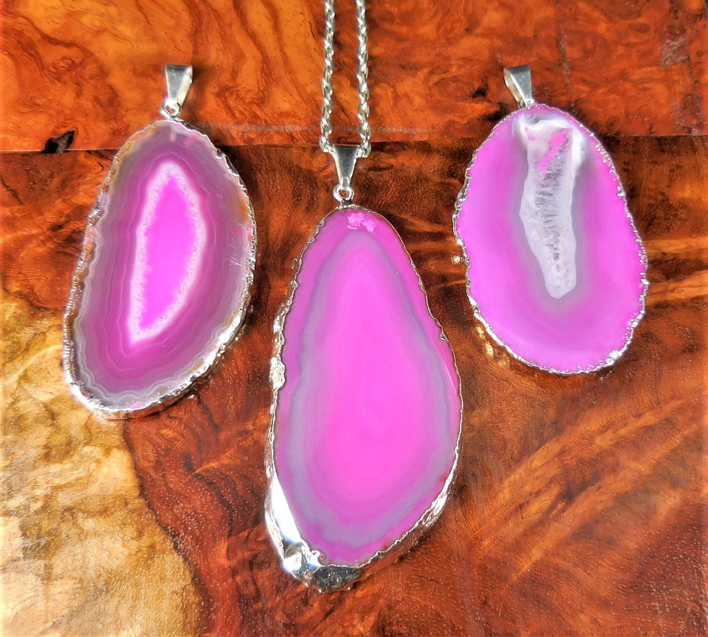 Pink Agate Slice Pendant (Silver Plated Edges) Polished Geode Slice Jewelry