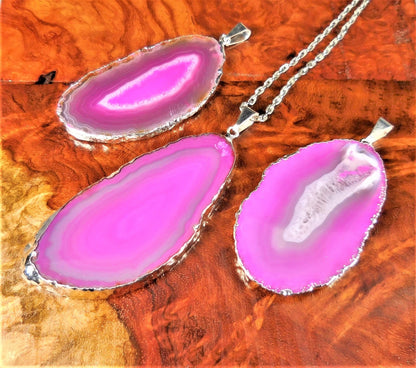 Pink Agate Slice Pendant (Silver Plated Edges) Polished Geode Slice Jewelry