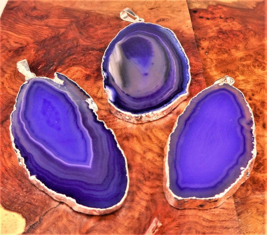 Purple Agate Slice Pendant (Silver Plated Edges) Polished Geode Slice Jewelry