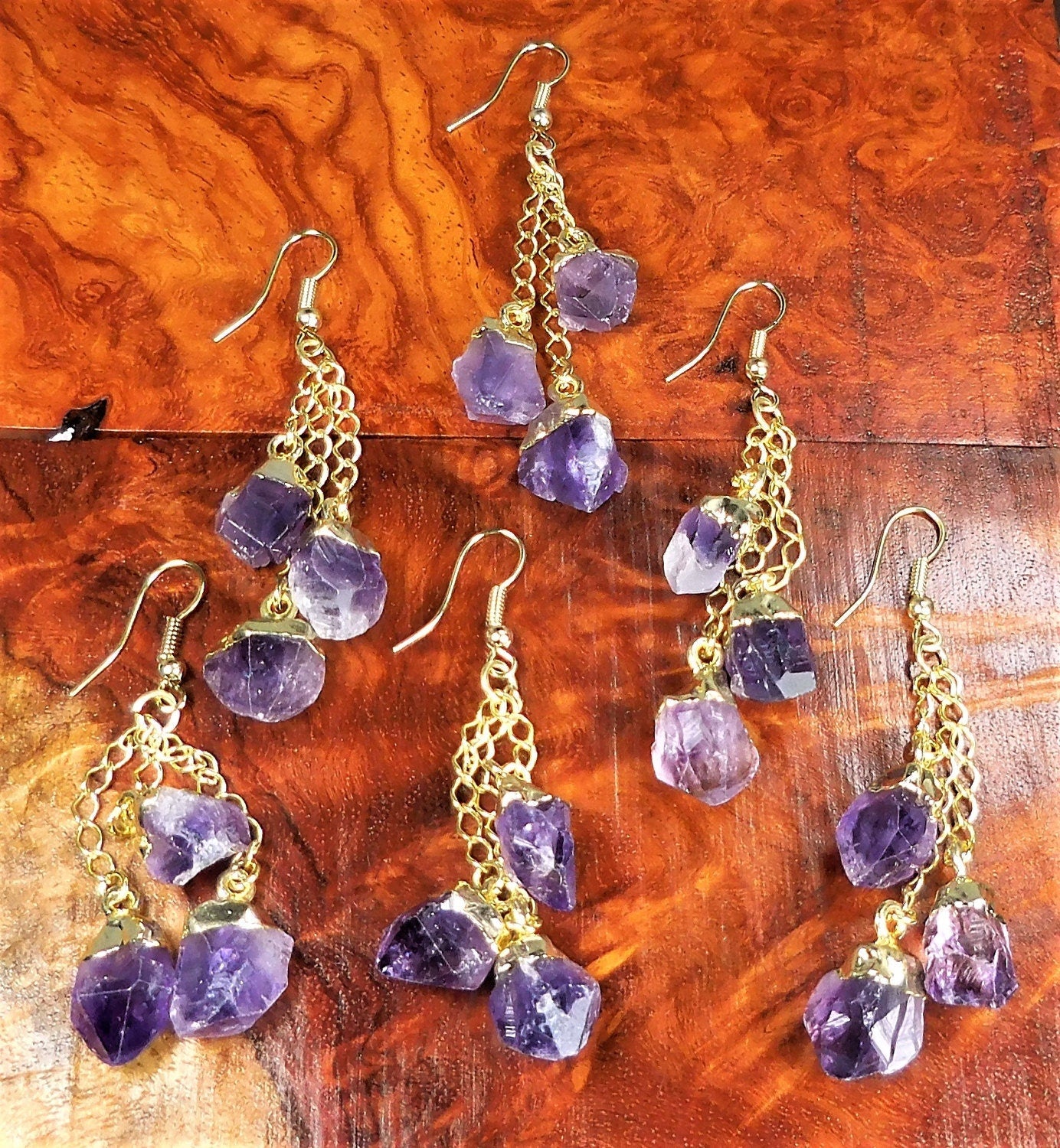 Amethyst Crystal Earrings Pair (Gold Plated) Purple Gemstone Jewelry