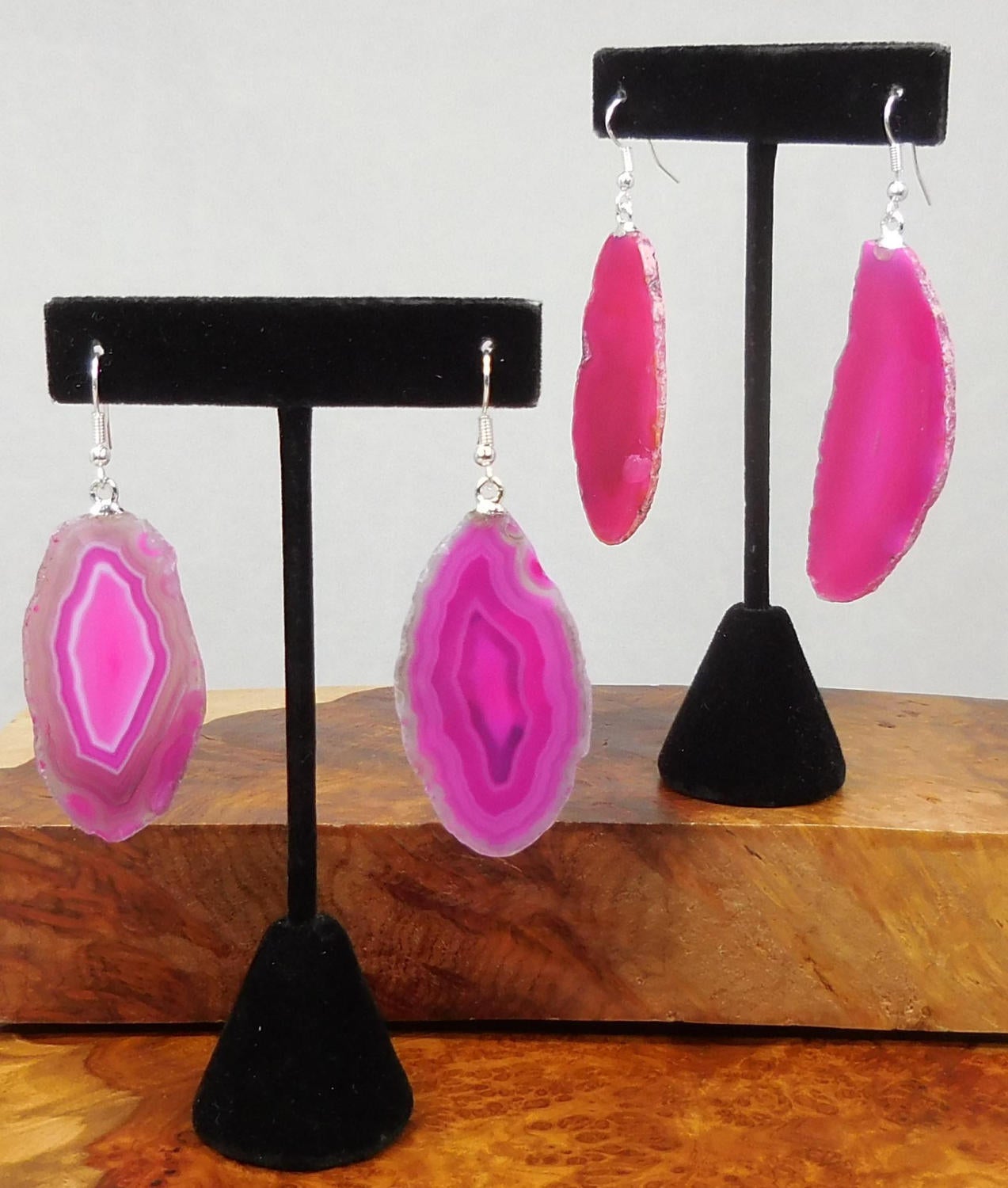 Pink Agate Slice Earrings Silver Hooks