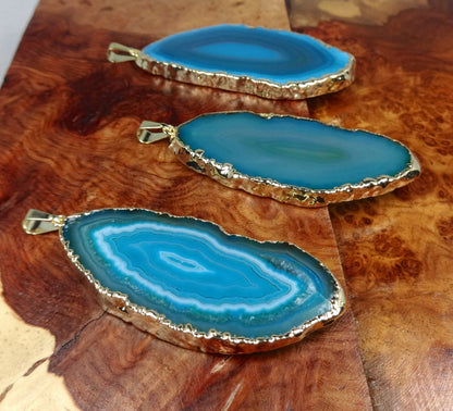 Agate Slice Pendant (Teal, w/ Gold Edges) Crystal Necklace Jewelry Supply