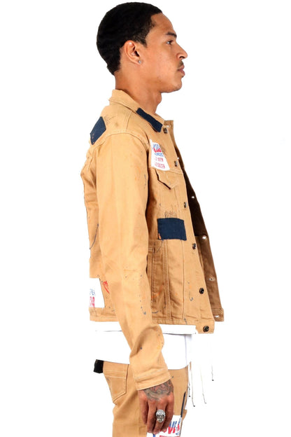 Antelope Men's graphic print patches with cut and sew cotton timber washed stretchable twill jacket