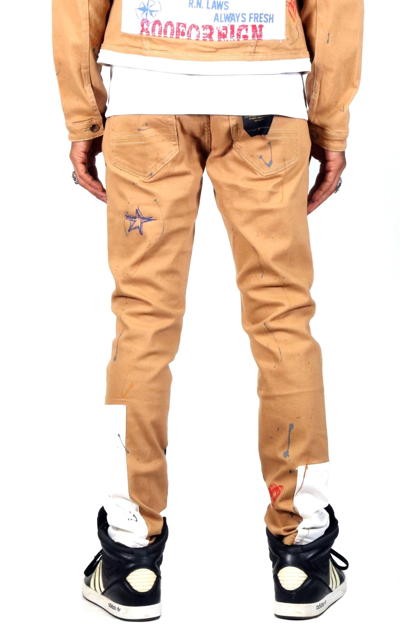 Antelope Men's graphic print patches with cut and sew cotton timber washed stretchable skinny twill pants