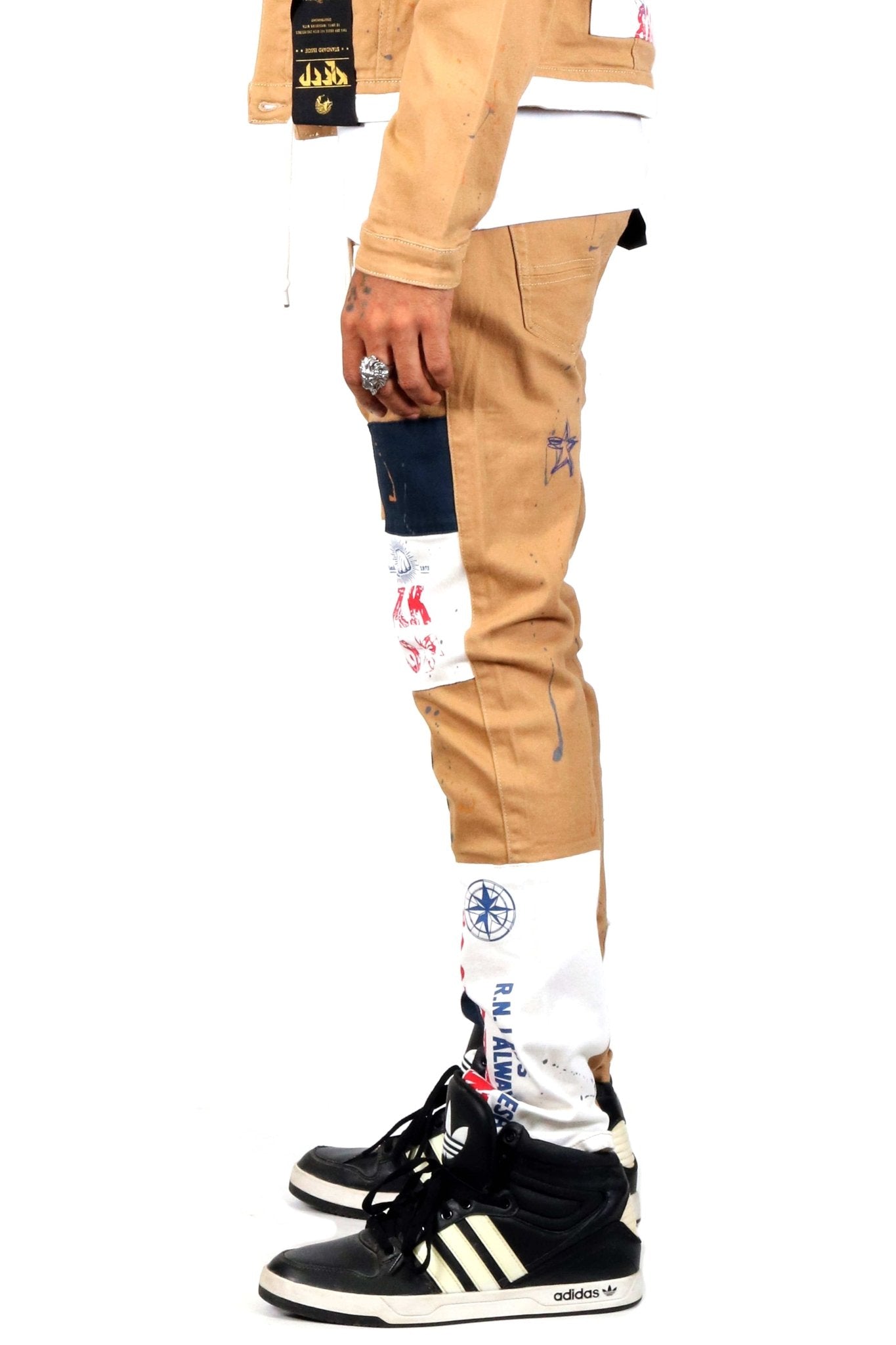 Antelope Men's graphic print patches with cut and sew cotton timber washed stretchable skinny twill pants