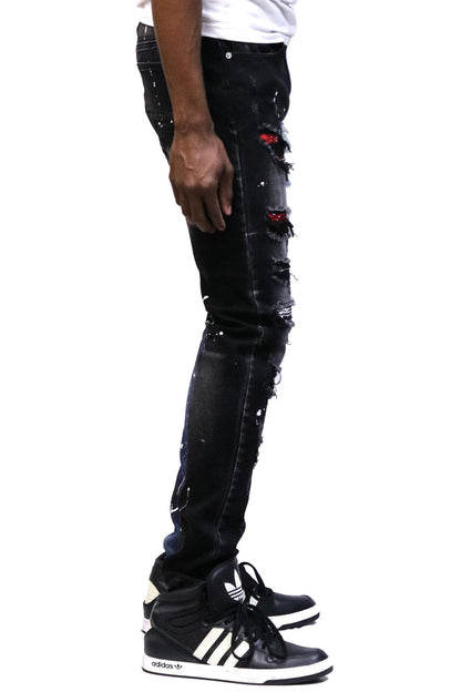 Aspen Men's heavy washed half and half two tone washing stretchable skinny denim pants with rhinestone details.