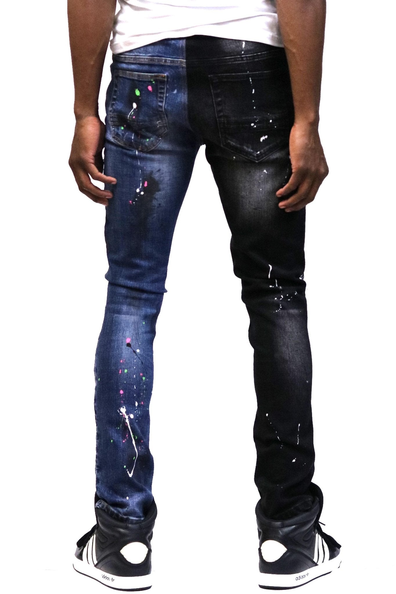 Aspen Men's heavy washed half and half two tone washing stretchable skinny denim pants with rhinestone details.