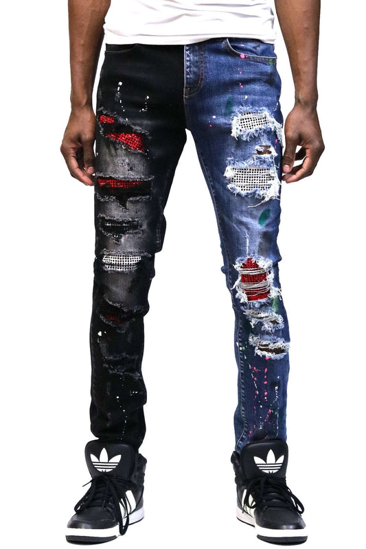 Aspen Men's heavy washed half and half two tone washing stretchable skinny denim pants with rhinestone details.