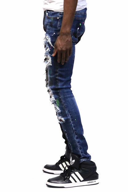 Aspen Men's heavy washed half and half two tone washing stretchable skinny denim pants with rhinestone details.