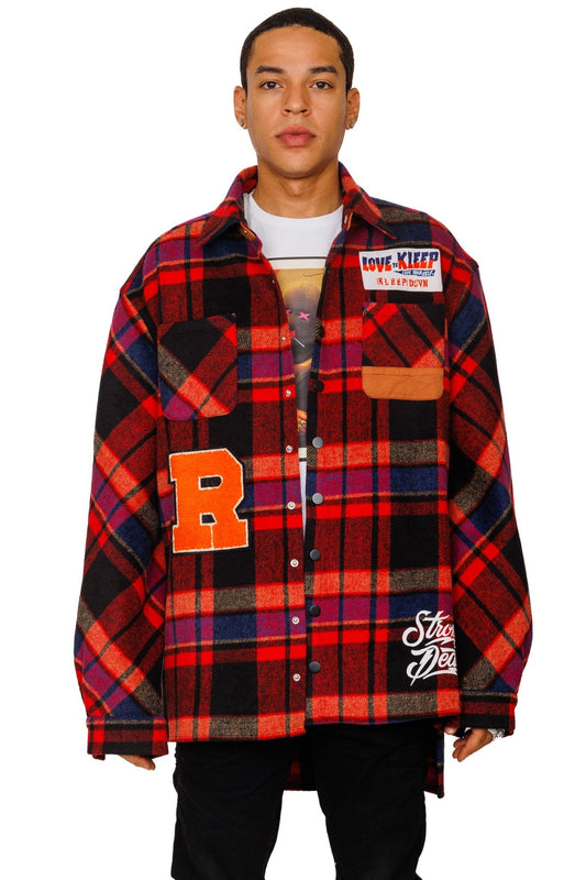 AUREOLIN Men's graphic prints and patches red plaid pattern cotton heavy flannel elongated oversize snap button outer shirt.